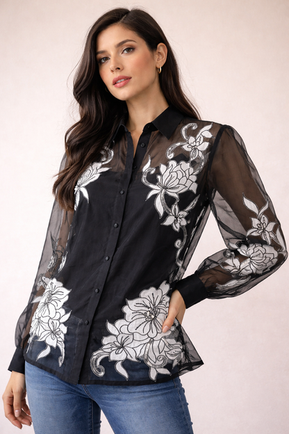 Black organza applique blouse