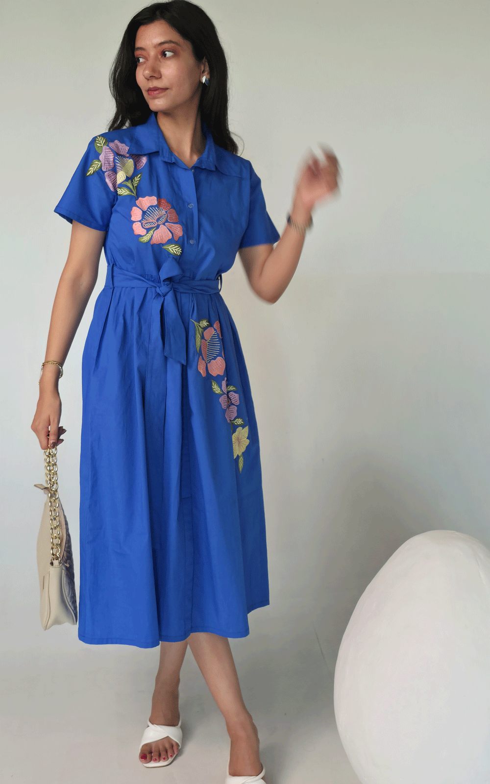 Azure- blue thread embroidered maxi  dress