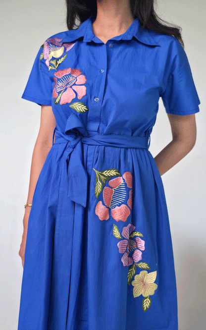 Azure- blue thread embroidered maxi  dress