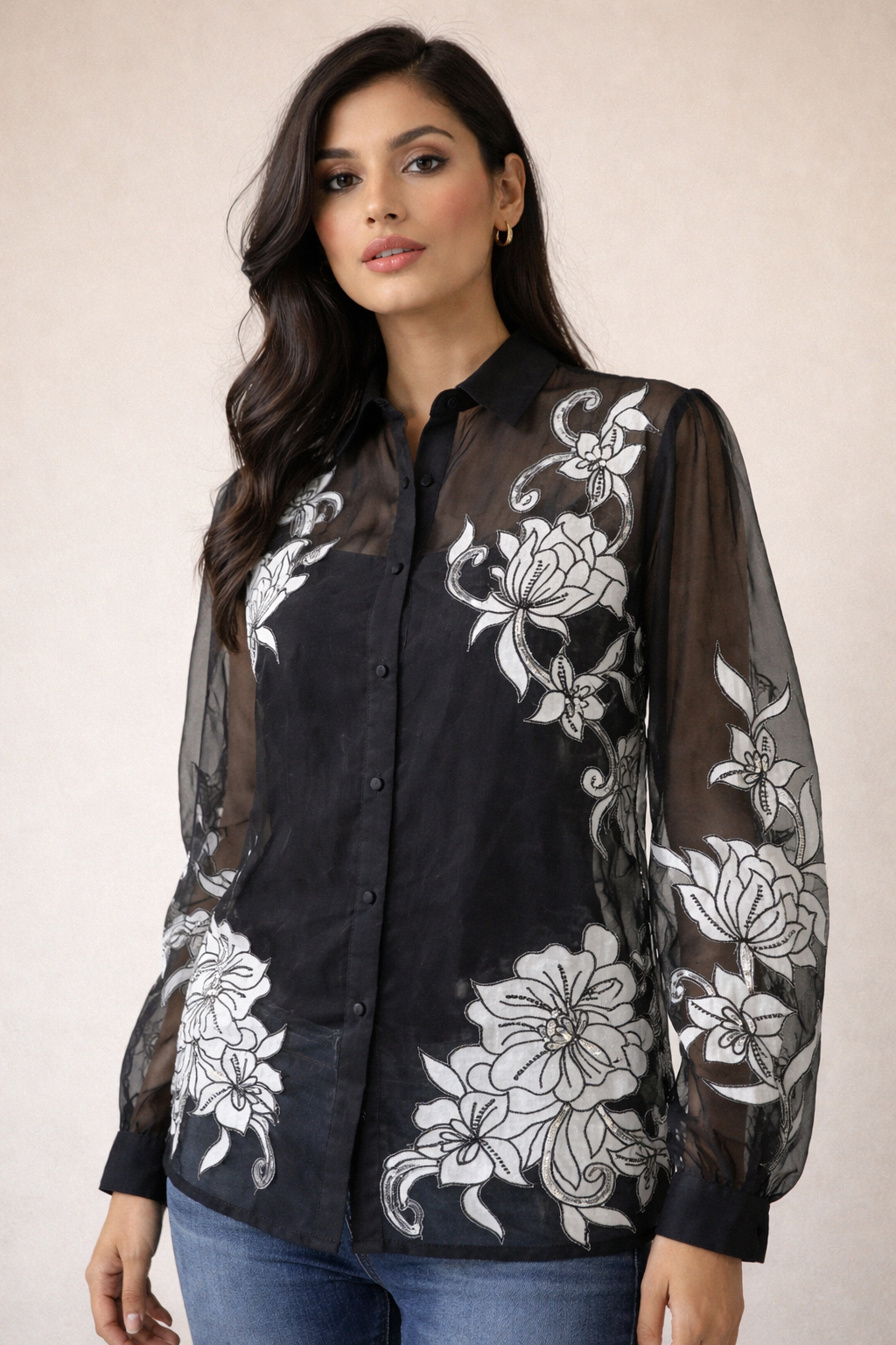 Black organza applique blouse