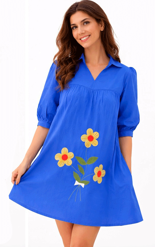 Cotton royal blue applique dress