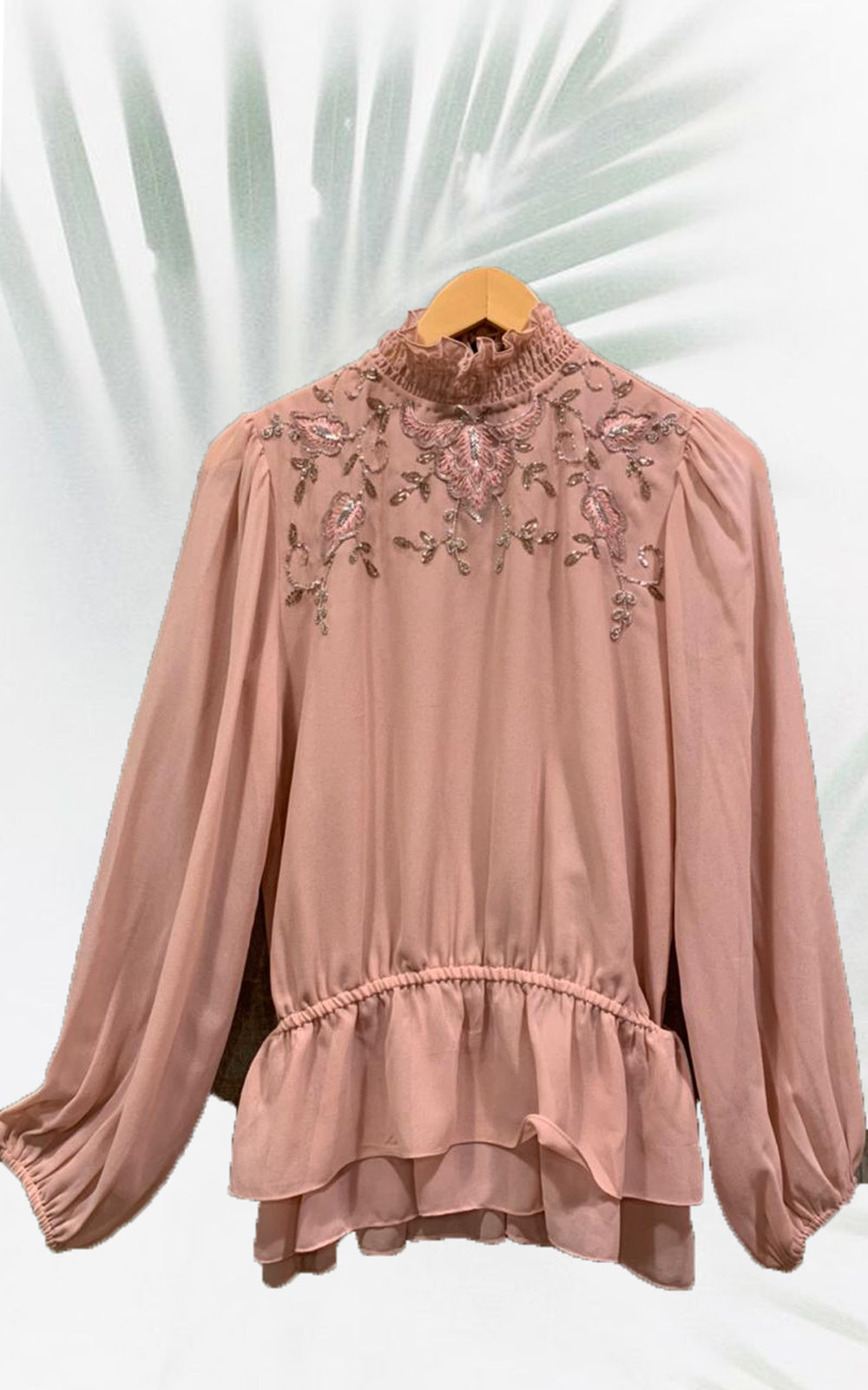 Embroidered peachy pink party wear top