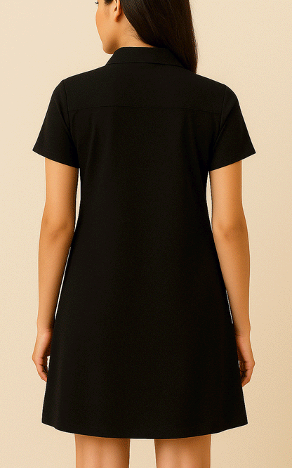 Black floral applique cotton shirt dress