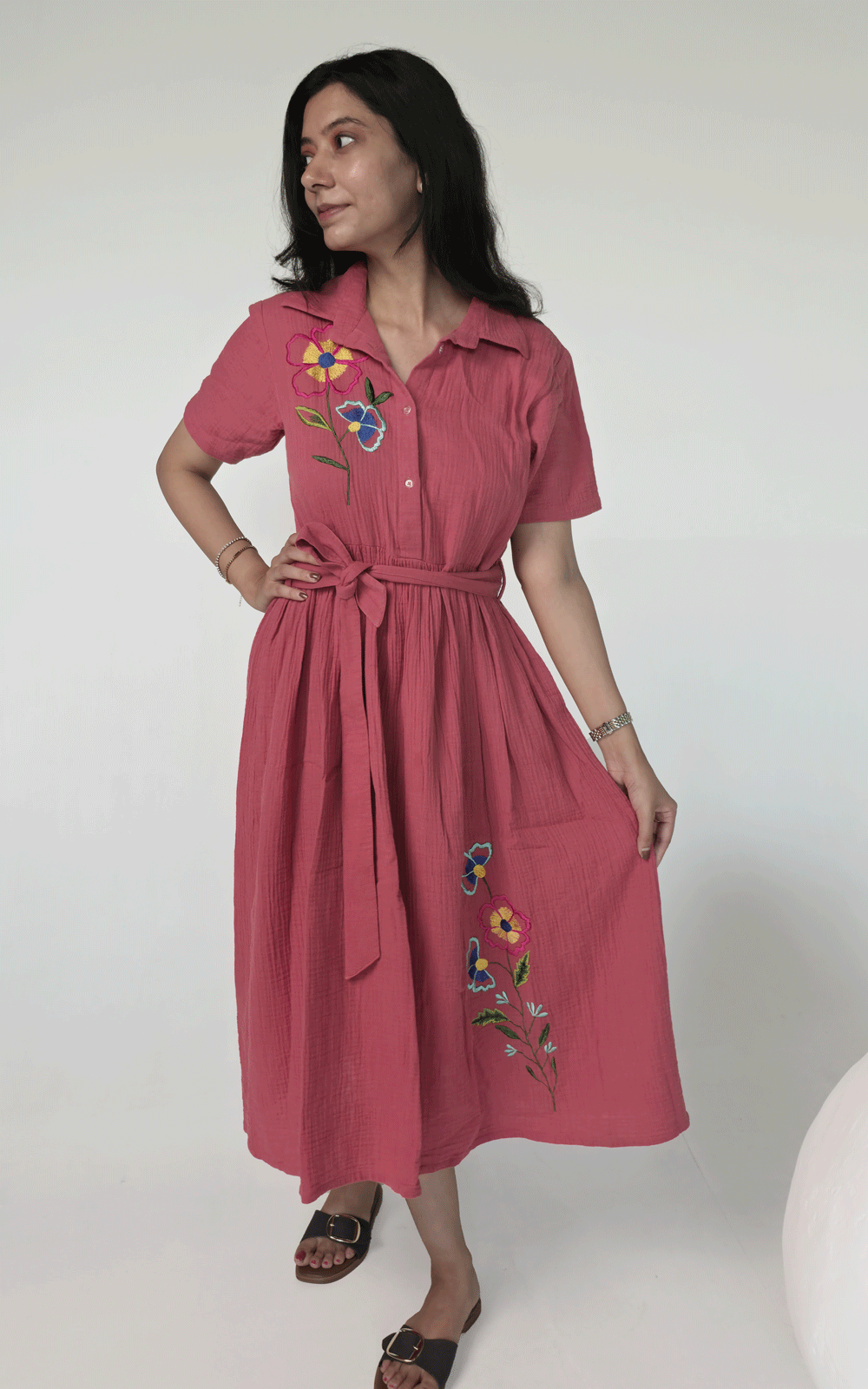 Coral-gauze  maxi embroidered dress