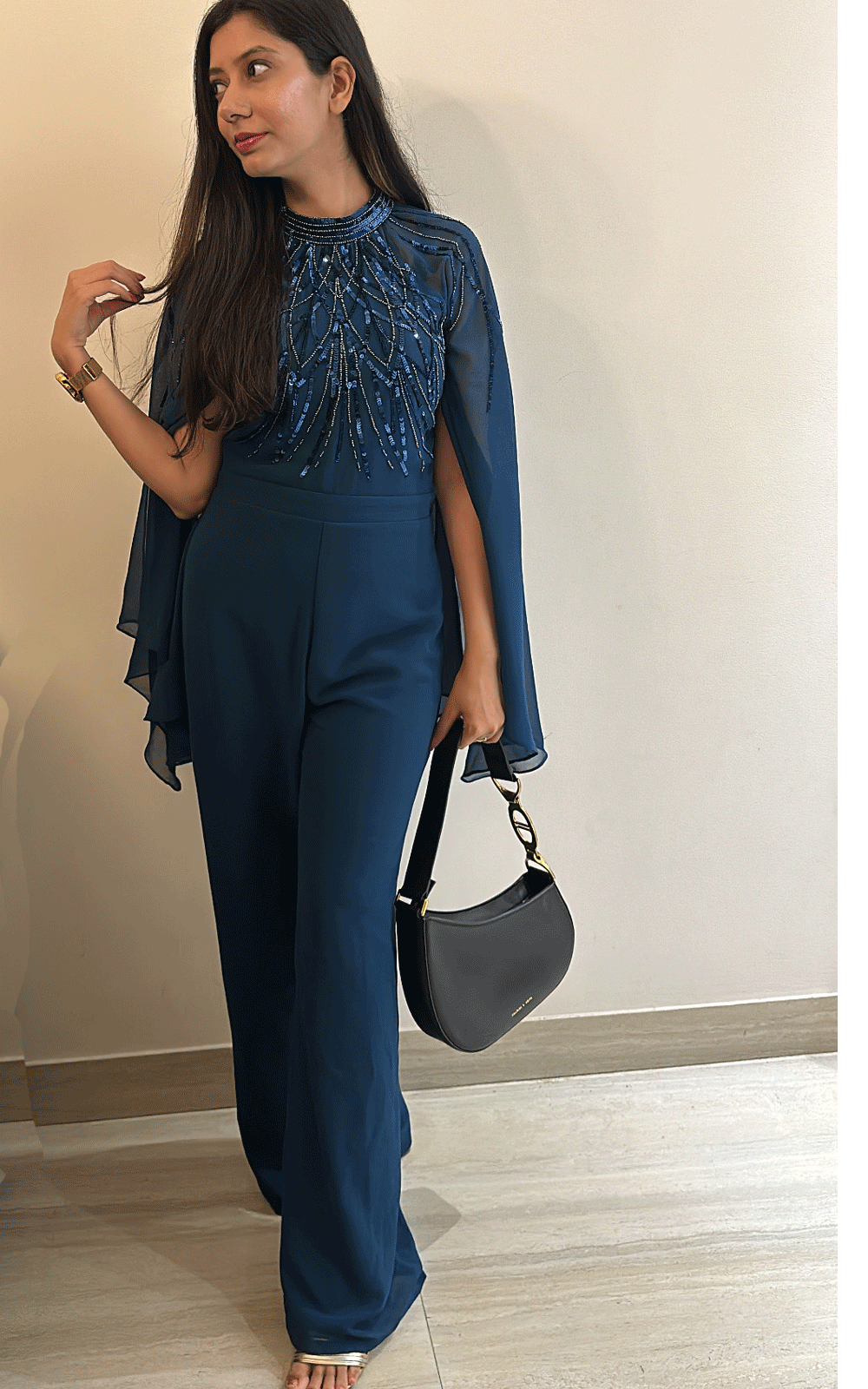 Teal blue hand embroidered jumpsuit