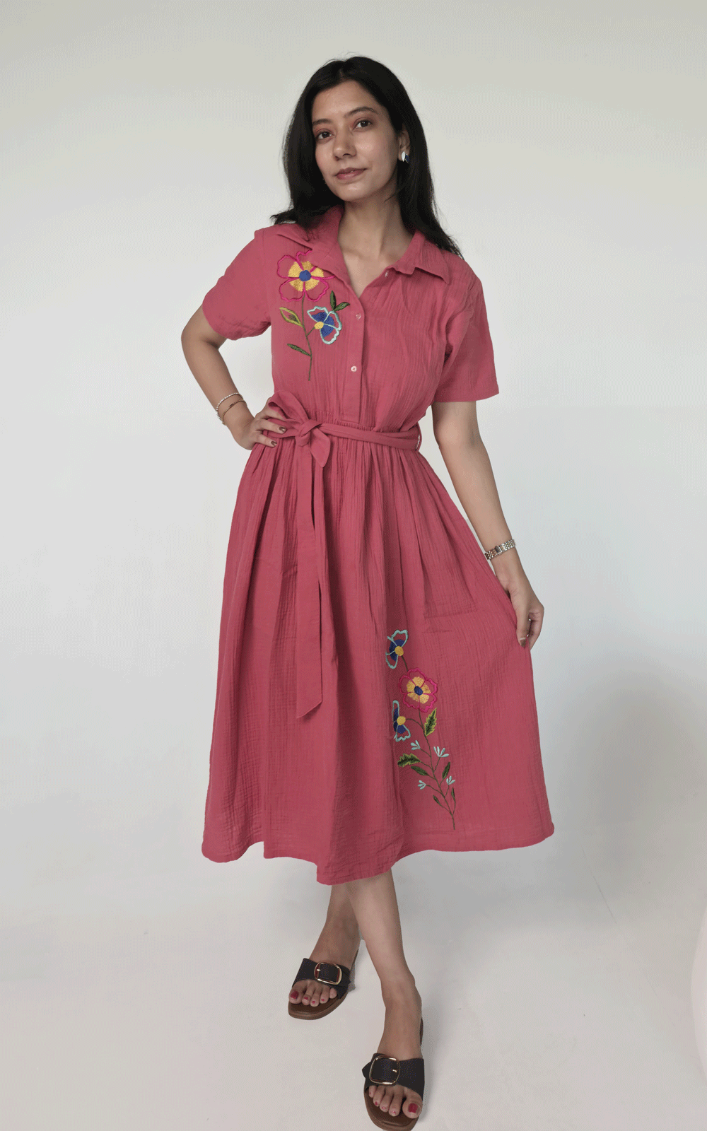 Coral-gauze  maxi embroidered dress