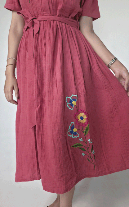 Coral-gauze  maxi embroidered dress