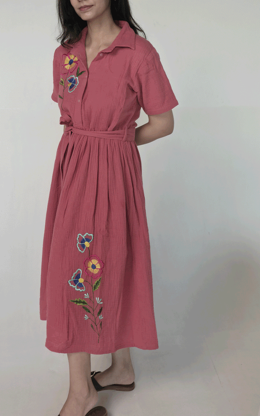 Coral-gauze  maxi embroidered dress