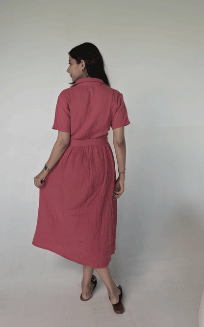 Coral-gauze  maxi embroidered dress