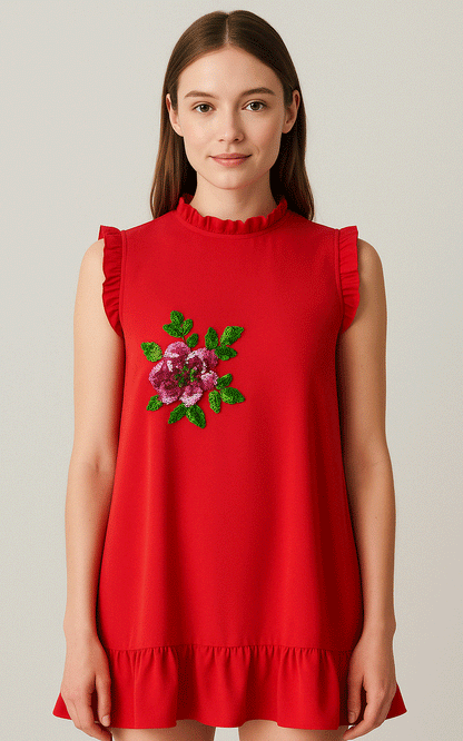Red hot - crepe embroidered dress.