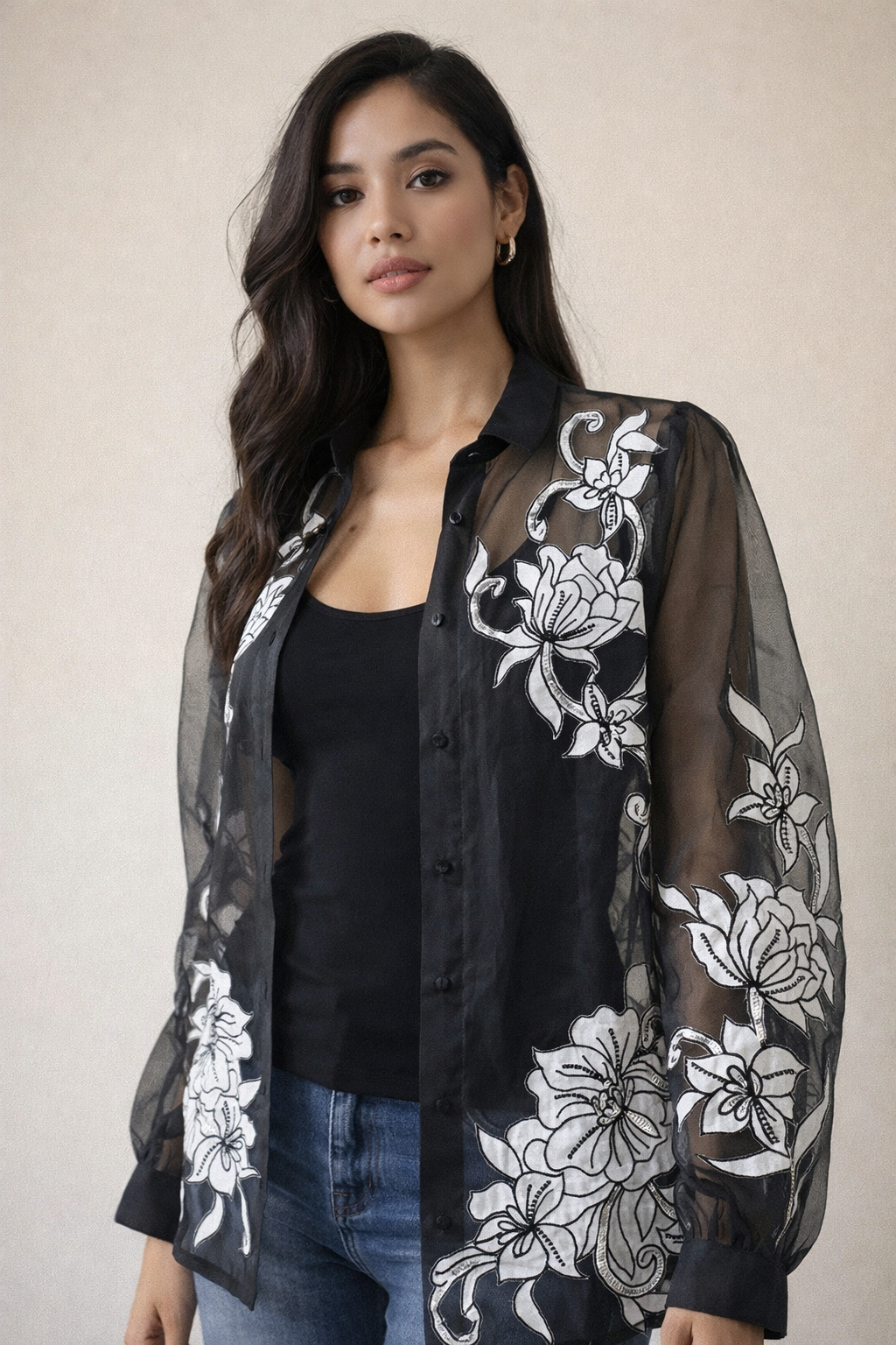 Black organza applique blouse