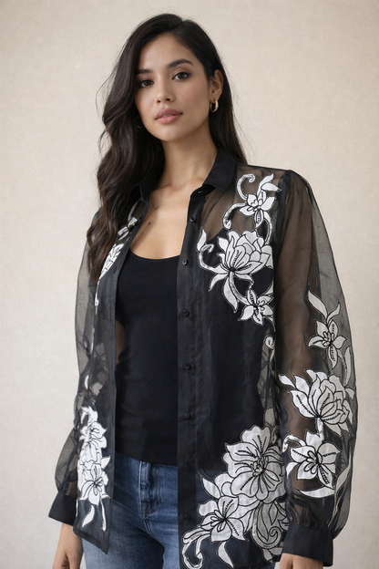 Black organza applique blouse