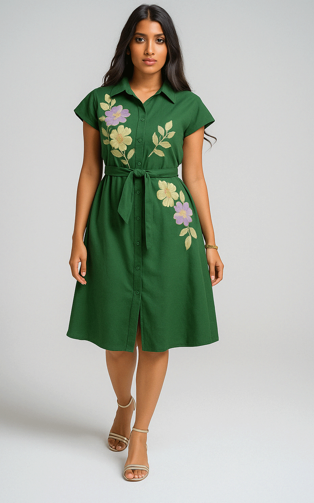Forest-Green thread embroidered shirt dress