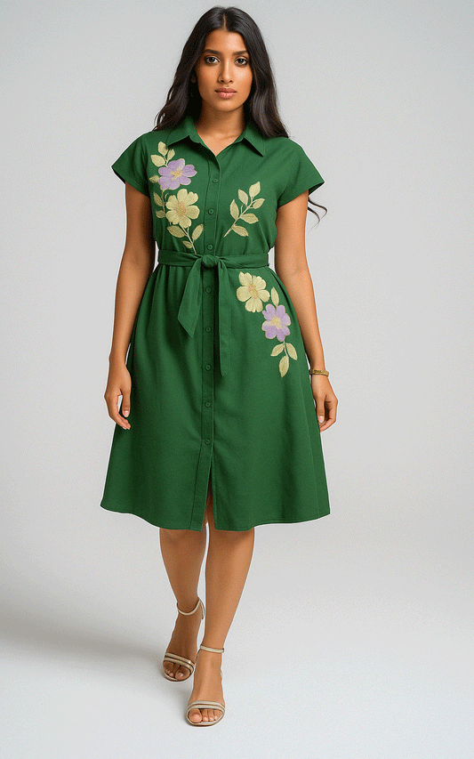 Forest-Green thread embroidered shirt dress