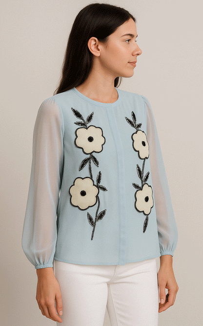 Women's blue  fabric applique beaded embroidered shirt