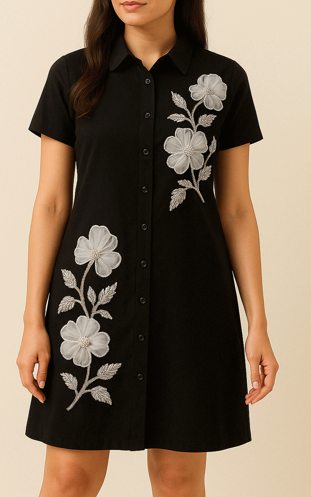 Black floral applique cotton shirt dress
