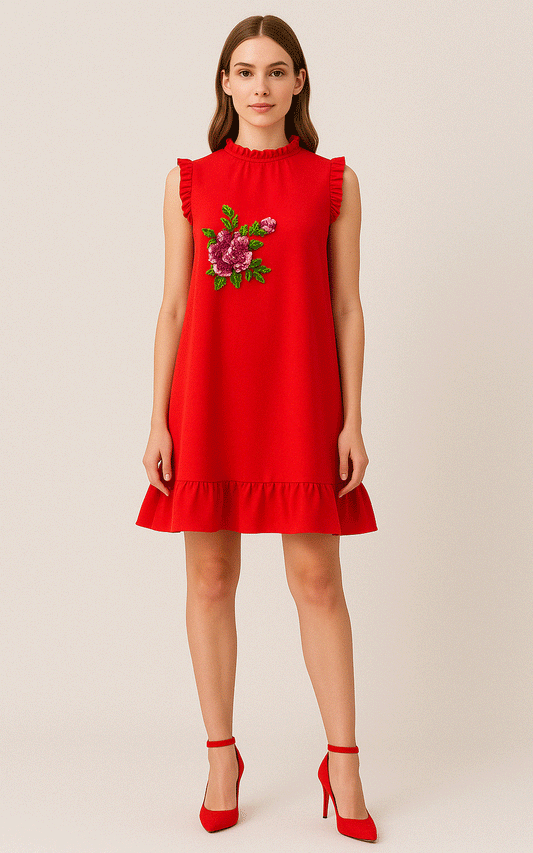 Red hot - crepe embroidered dress.