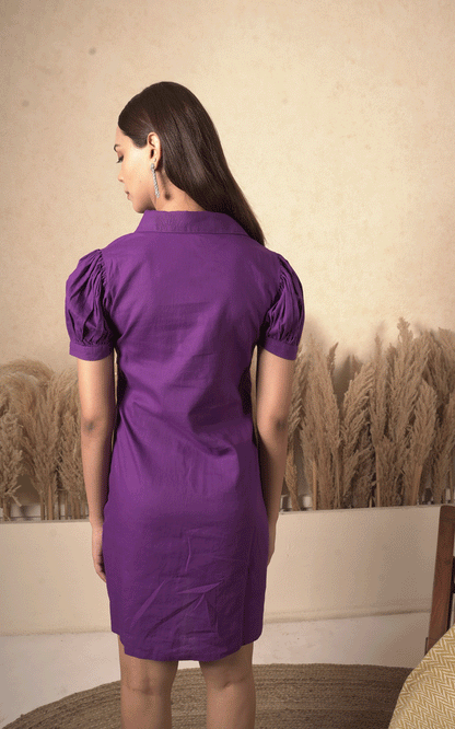 Purple cotton stones embellished shirt dress