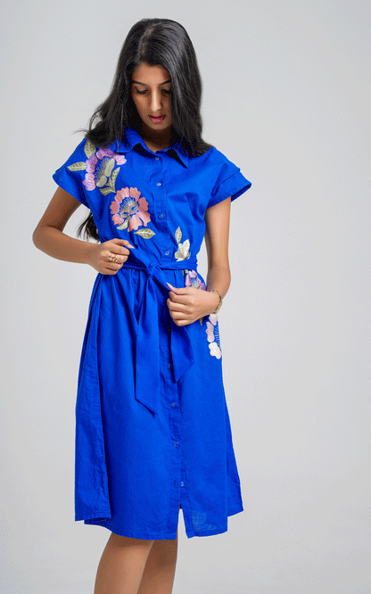 Azure- blue thread embroidered shirt dress