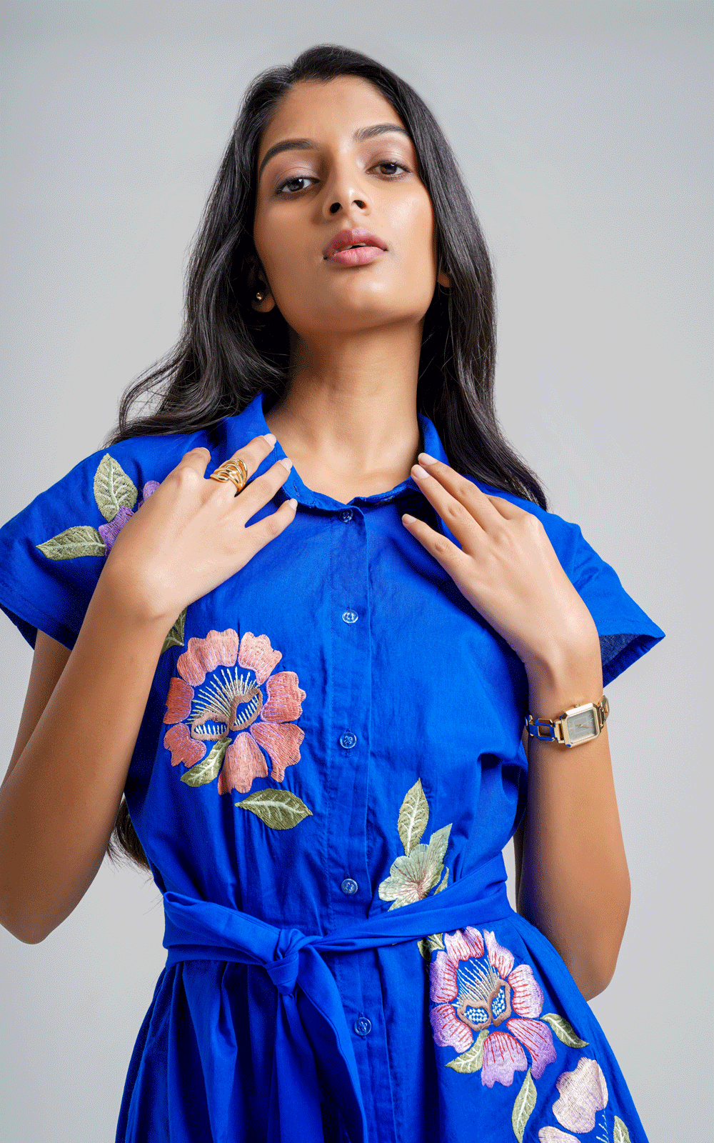 Azure- blue thread embroidered shirt dress