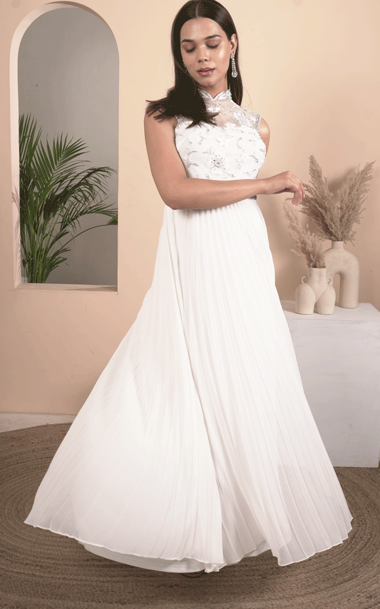 Embroidered pleated gown