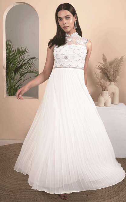 Embroidered pleated gown