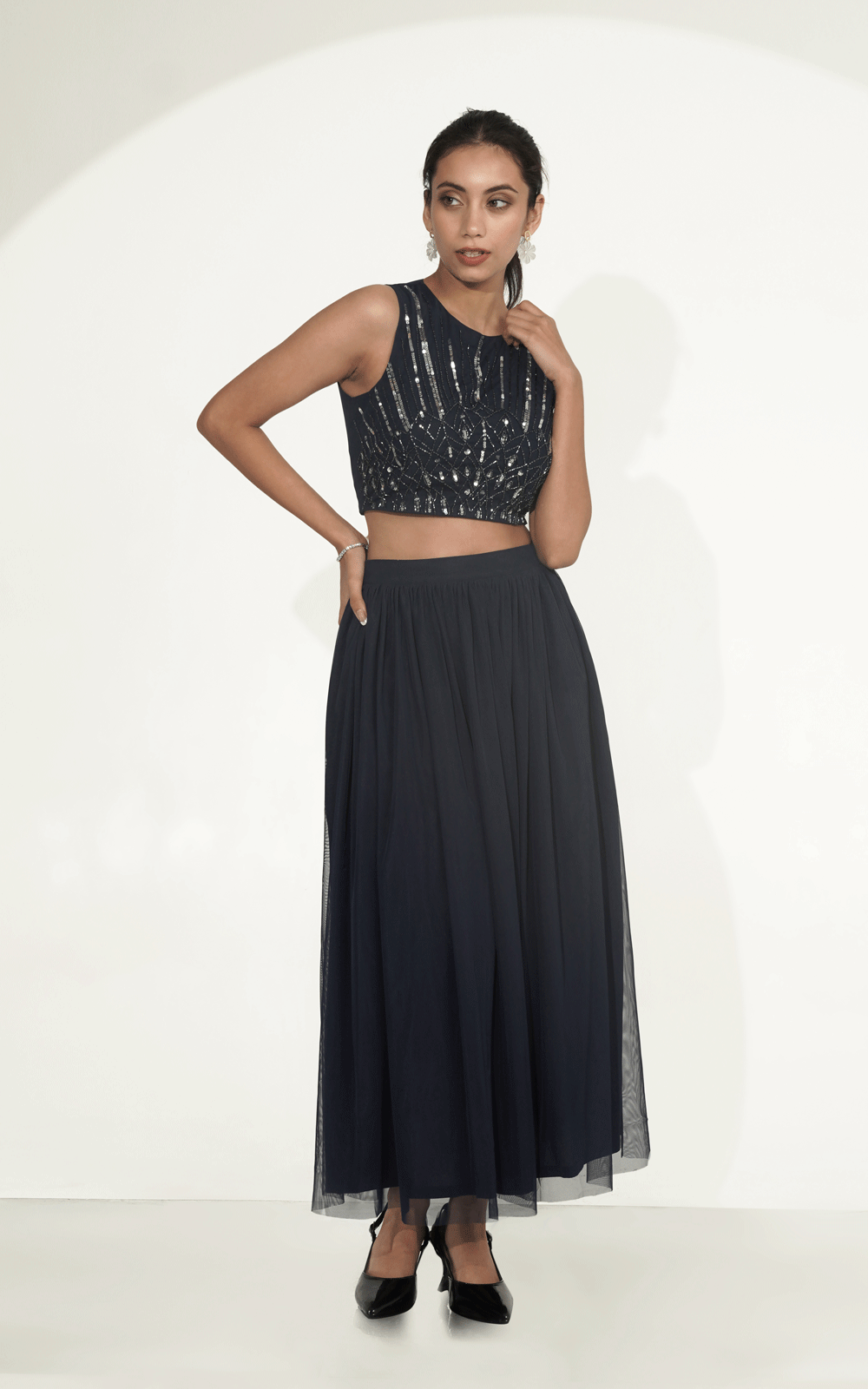 Velora- navy blue skirt top set