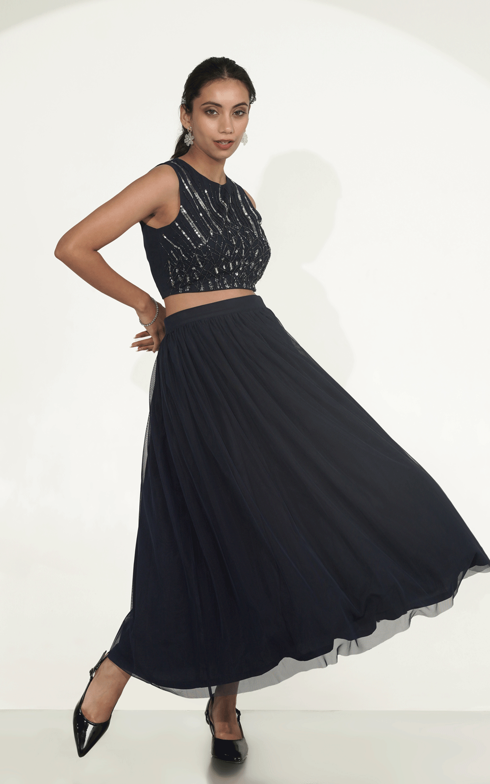 Velora- navy blue skirt top set