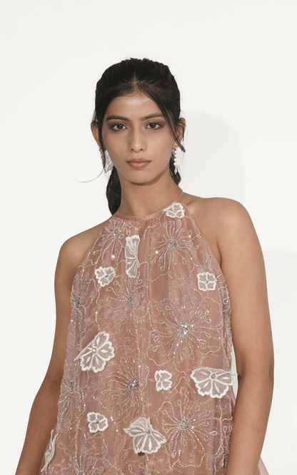 Peach whisper- Hand embellished floral applique dress