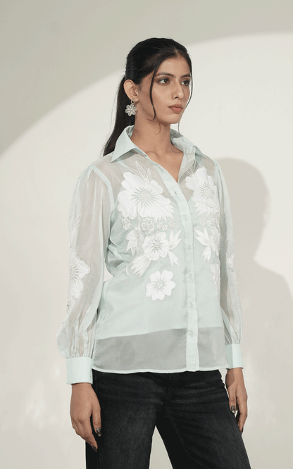 Blue-floral applique shirt