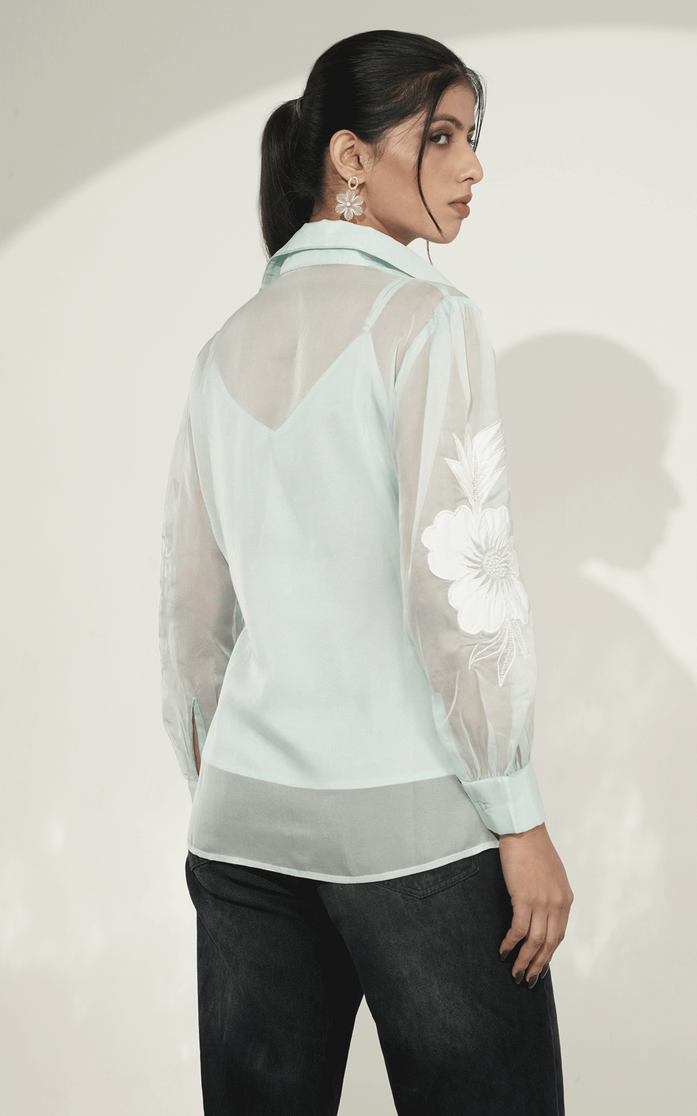 Blue-floral applique shirt