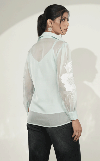 Blue-floral applique shirt