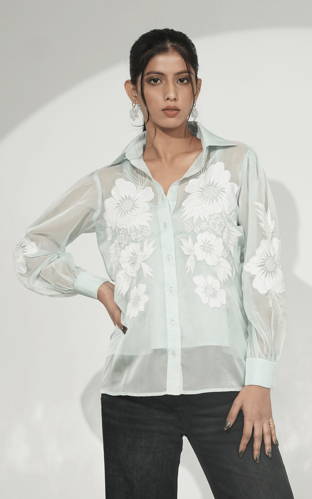 Blue-floral applique shirt