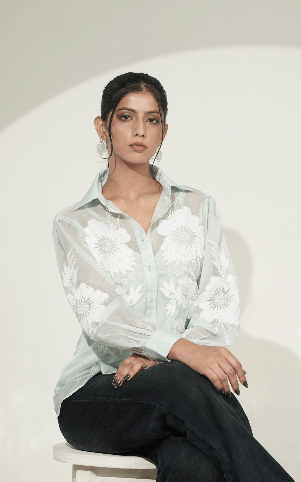 Blue-floral applique shirt