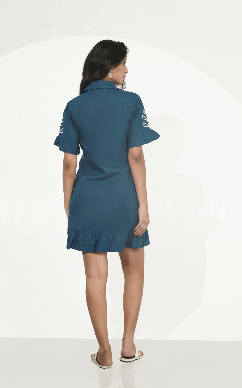 Navy -white Dori embroidered ruffle shirt dress