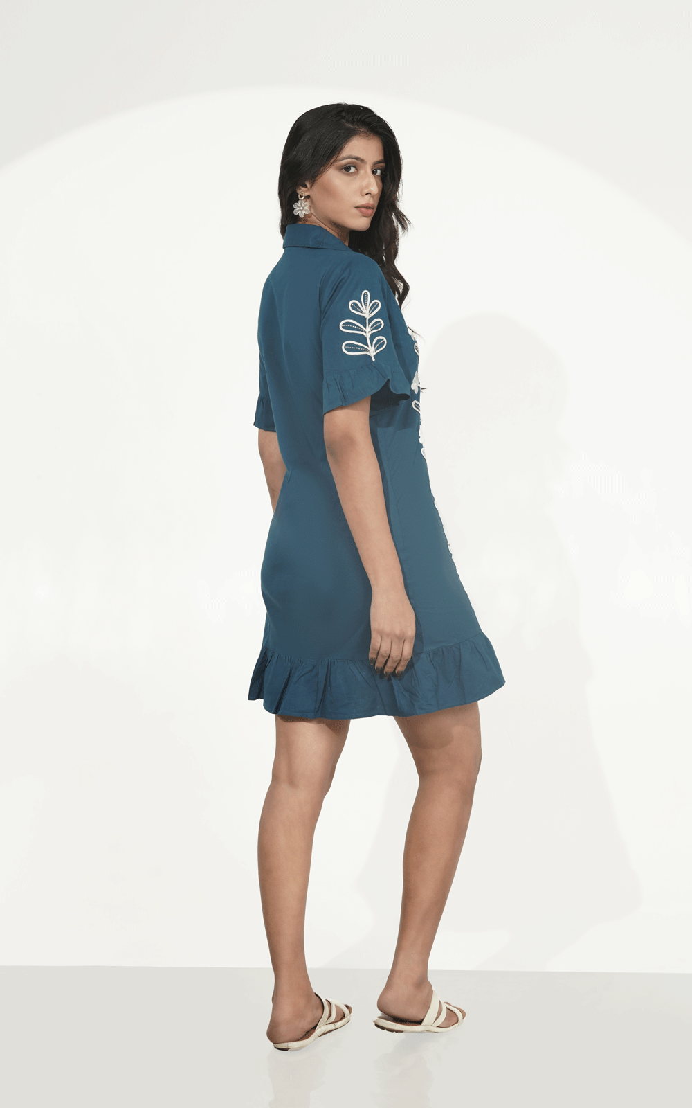 Navy -white Dori embroidered ruffle shirt dress