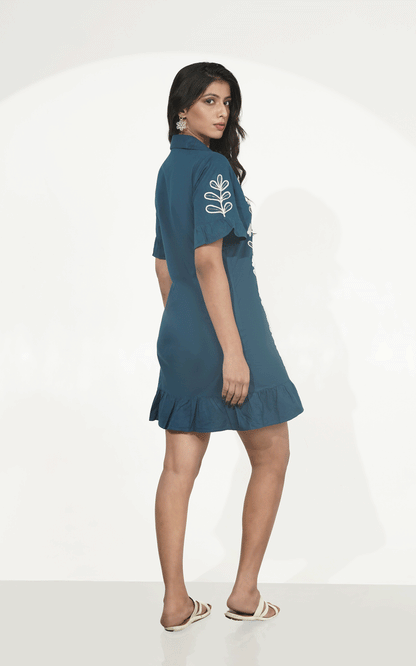 Navy -white Dori embroidered ruffle shirt dress