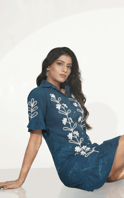 Navy -white Dori embroidered ruffle shirt dress