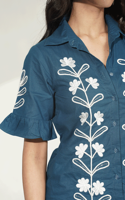 Navy -white Dori embroidered ruffle shirt dress