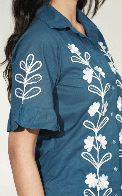 Navy -white Dori embroidered ruffle shirt dress