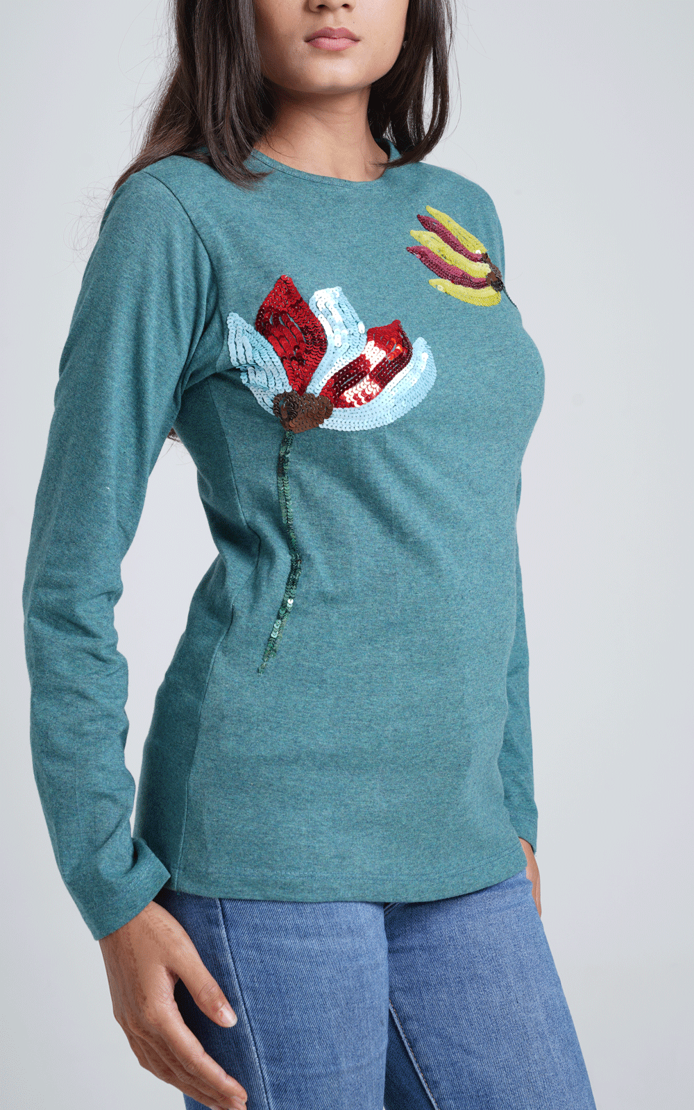 Green jersey sequins embroidered winter top