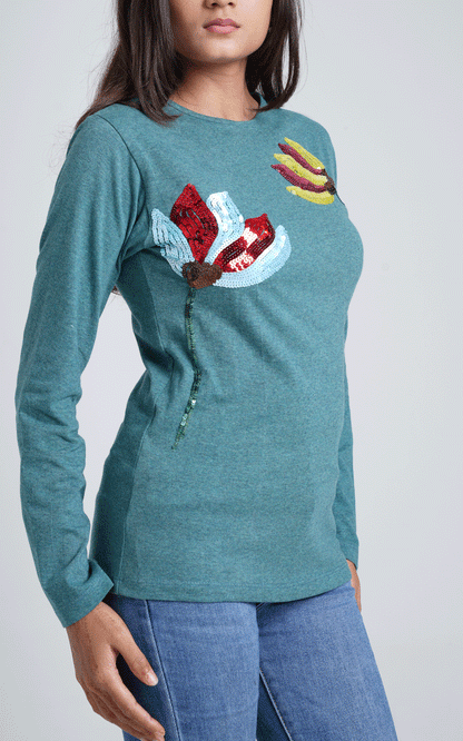 Green jersey sequins embroidered winter top