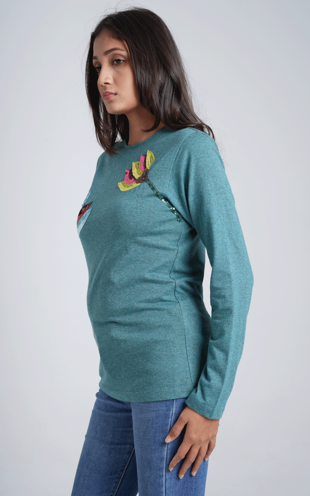 Green jersey sequins embroidered winter top