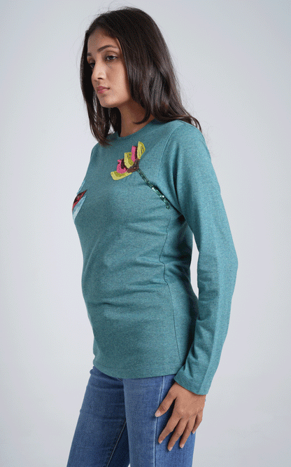 Green jersey sequins embroidered winter top