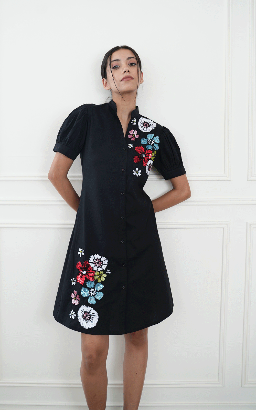 Floral embroidered cotton shirt dress