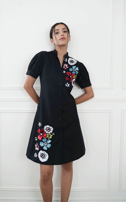 Floral hand  embroidered cotton shirt dress