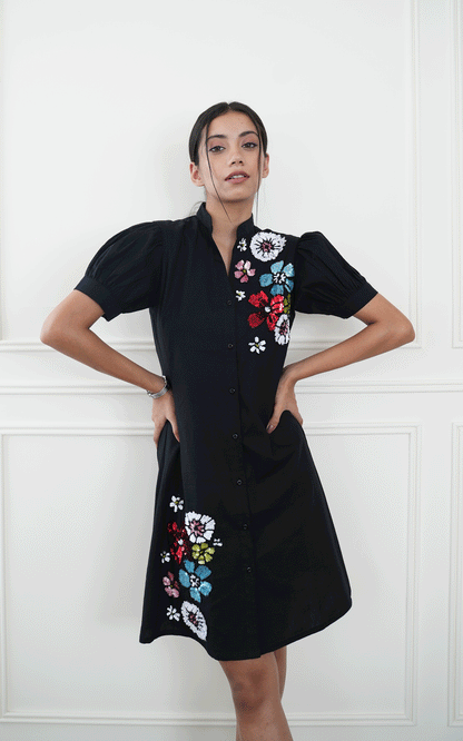 Floral hand  embroidered cotton shirt dress