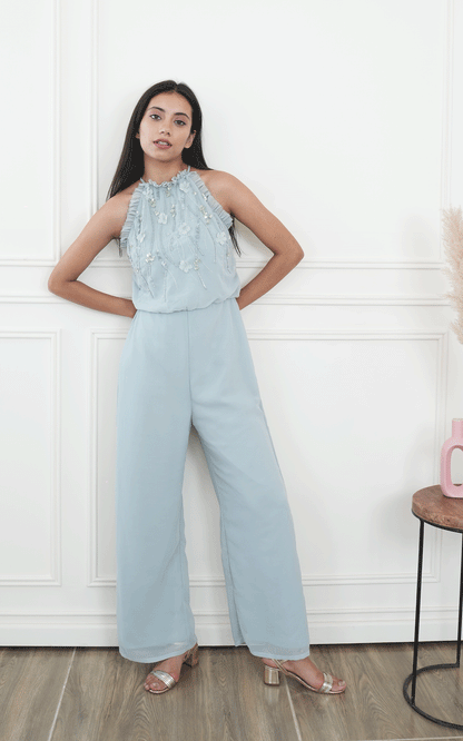 Halter neck ruffle floral applique jumpsuit