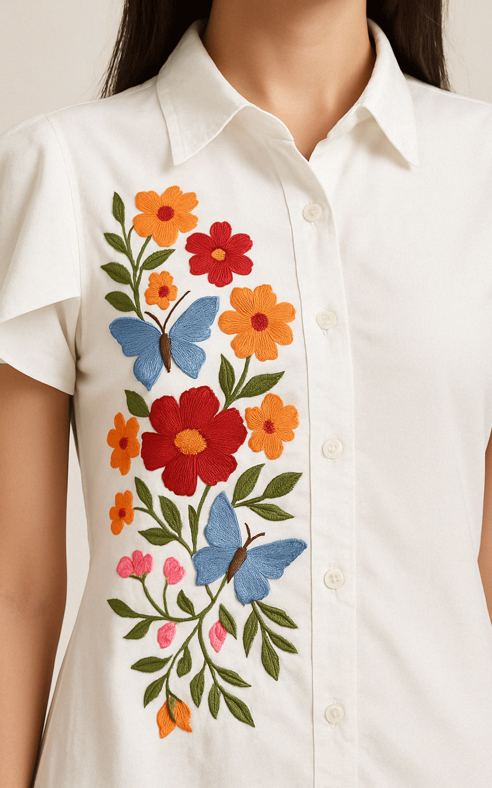 White cotton- thread embroidered shirt dress