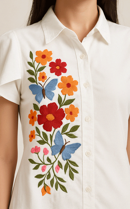 White cotton- thread embroidered shirt dress